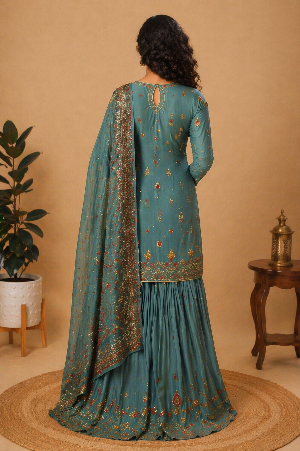 Intricate Embroidered Sharara Set – Dusty Teal & Antique Gold