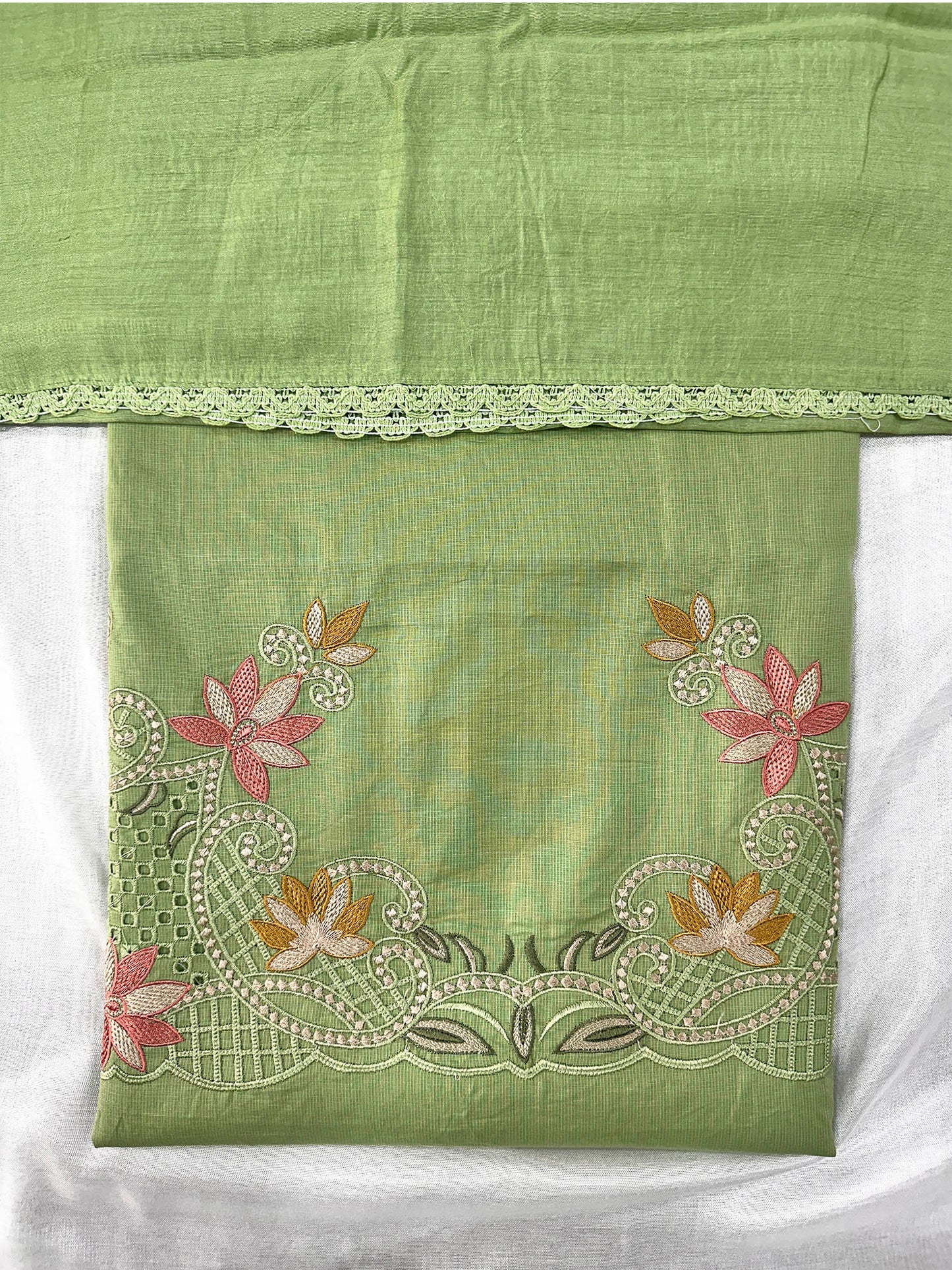 Giza Cotton Unstitched Suit Set Cutwork Embroidery & Muslin Dupatta