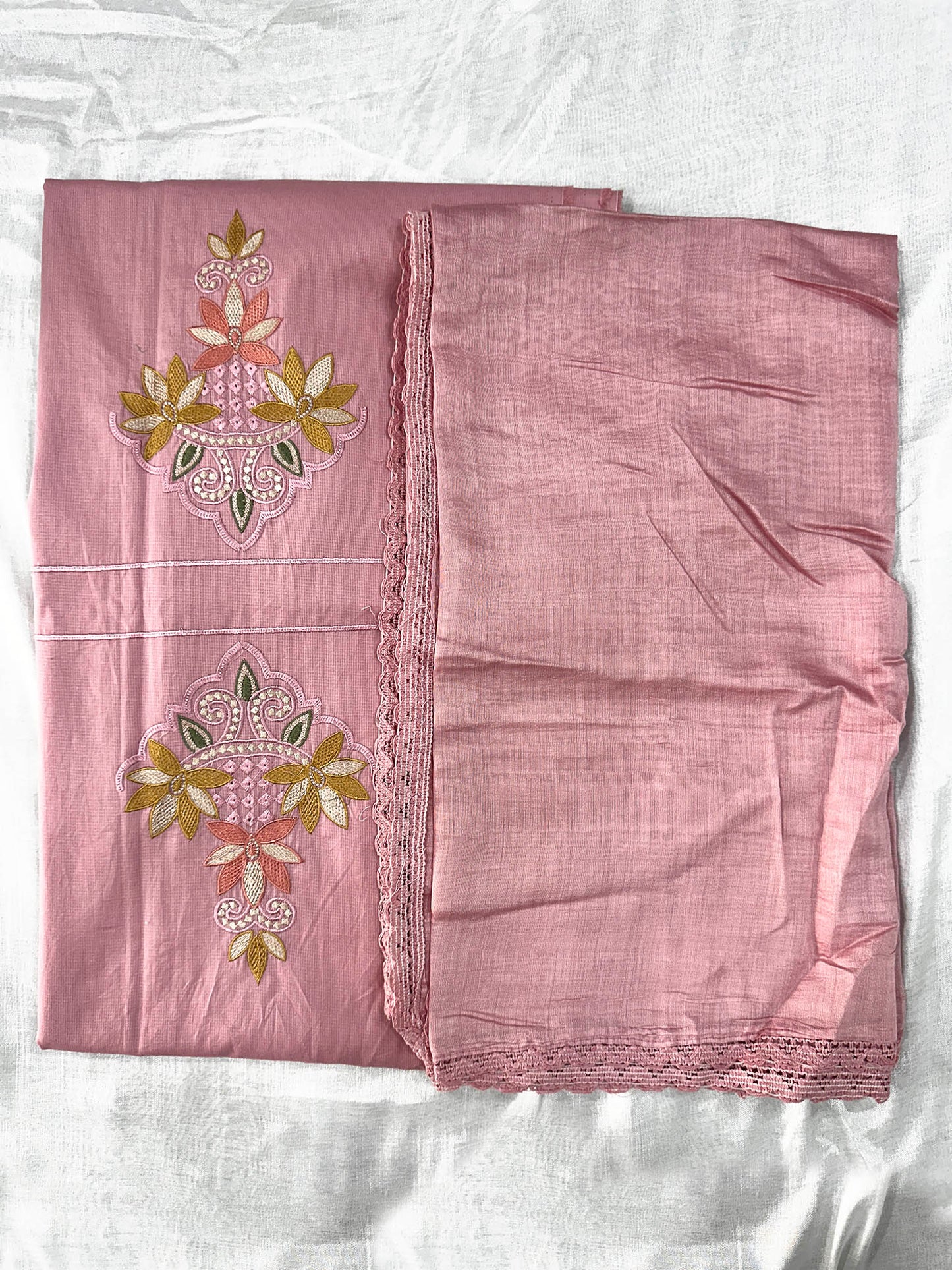 Giza Cotton Unstitched Suit Set with Machine Embroidery & Muslin Dupatta