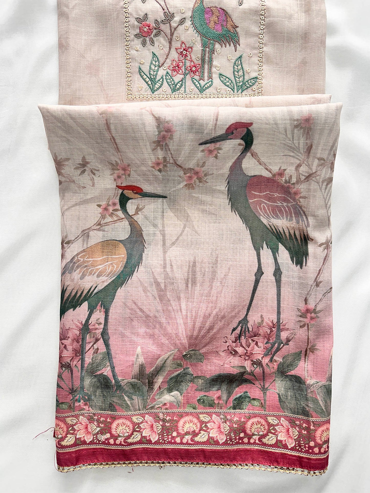 Linen Cotton Unstitched Suit Set with Floral Chiffon Dupatta & Embroidery