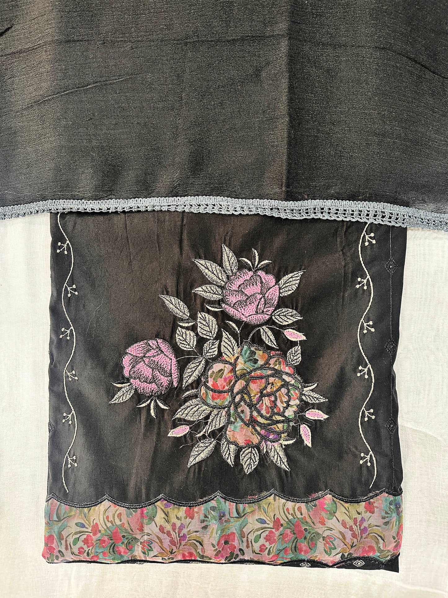 Muslin Unstitched Suit Set with Intricate Machine Embroidery & Lace Detail