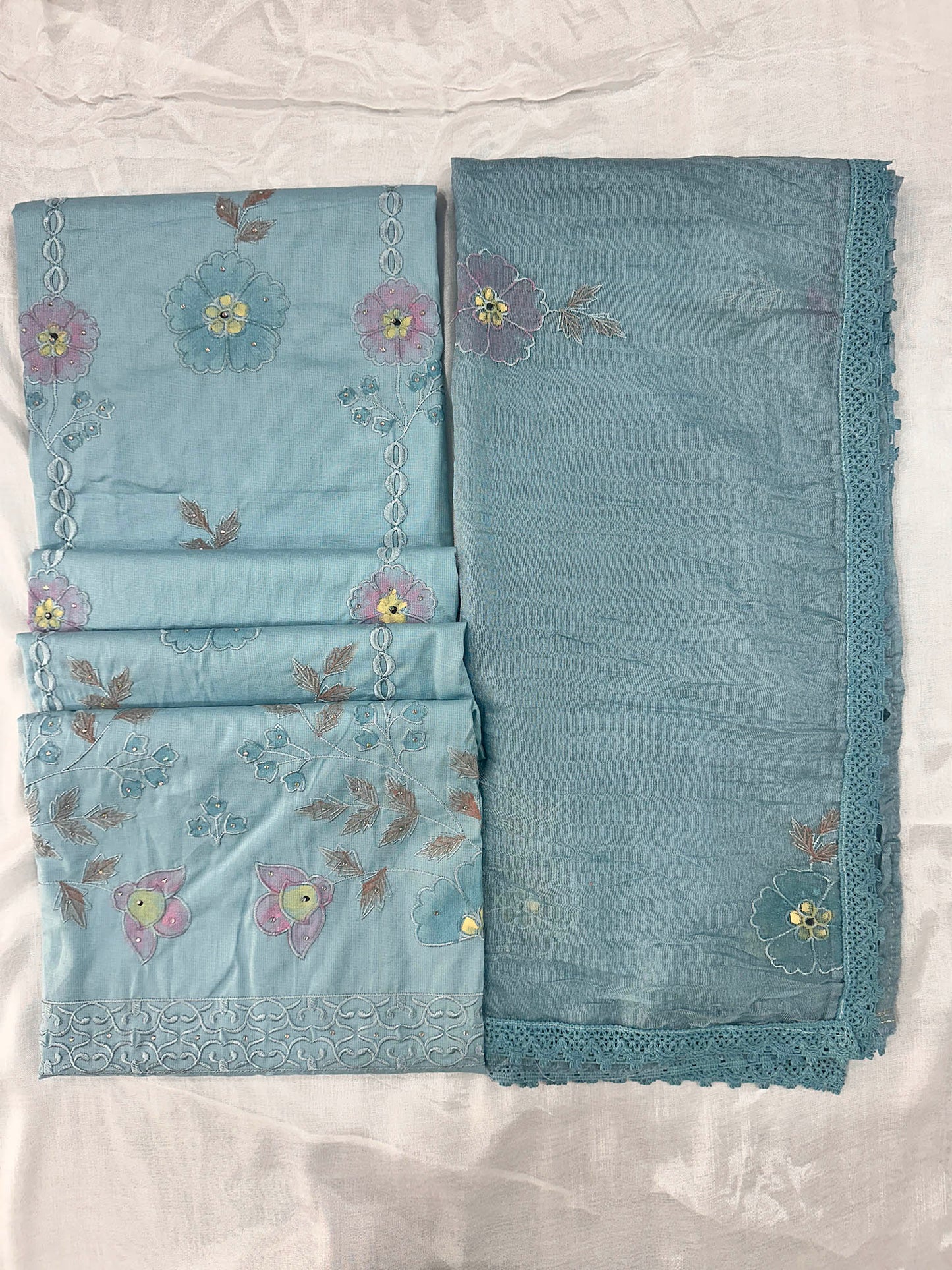 Hand-Painted Giza Cotton Unstitched Suit Set with Muslin Dupatta