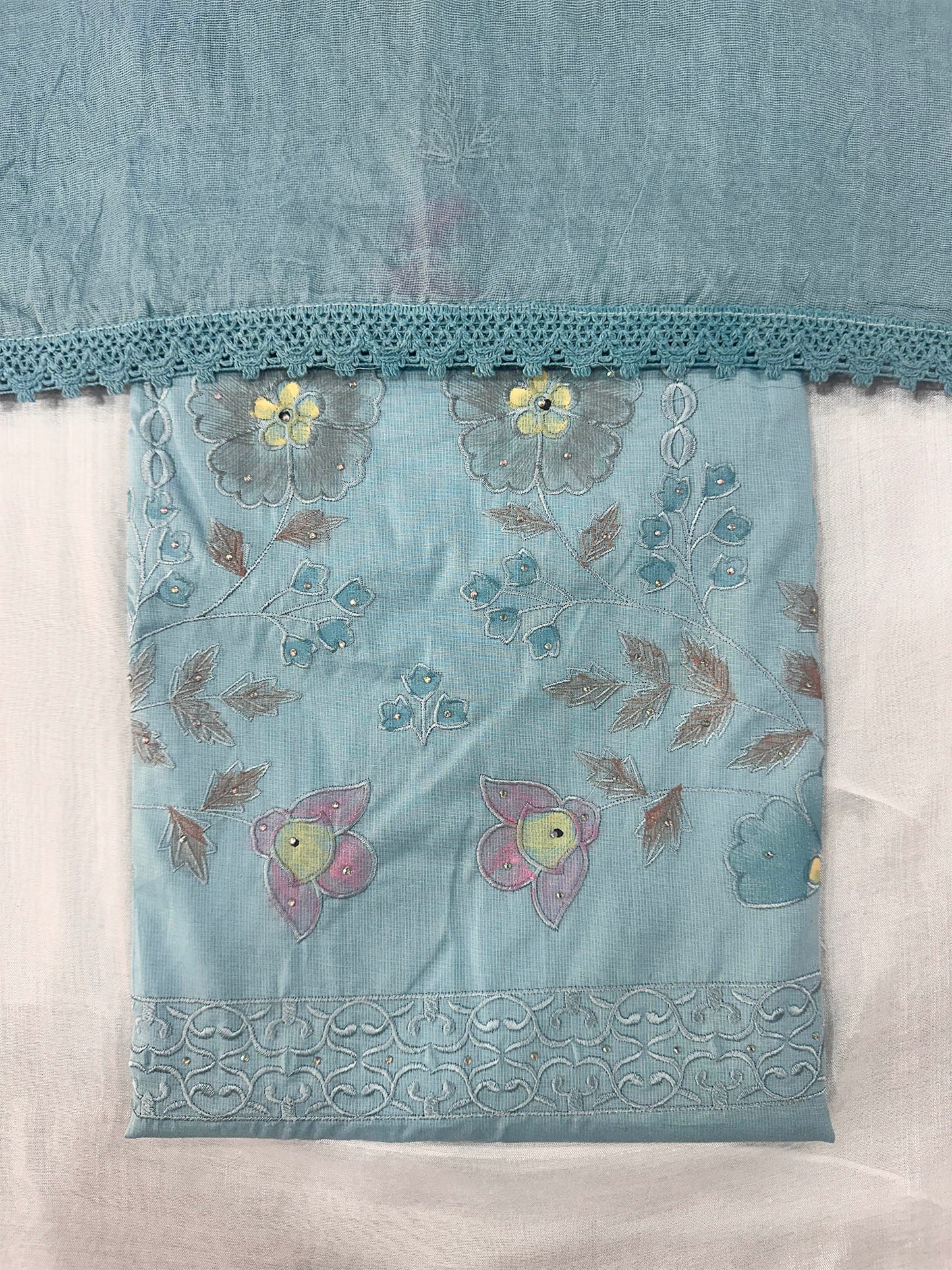 Hand-Painted Giza Cotton Unstitched Suit Set with Muslin Dupatta