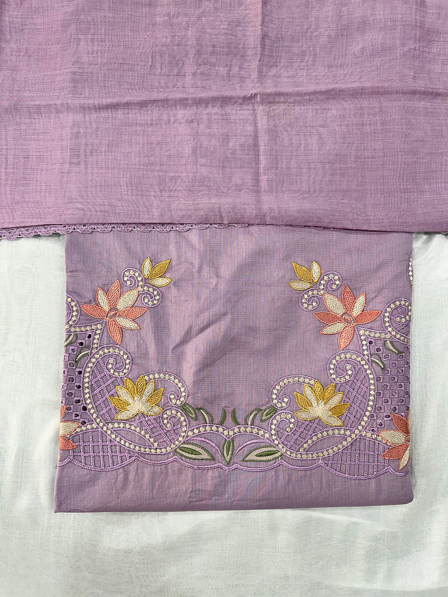 Giza Cotton Unstitched Suit Set Cutwork Embroidery & Muslin Dupatta