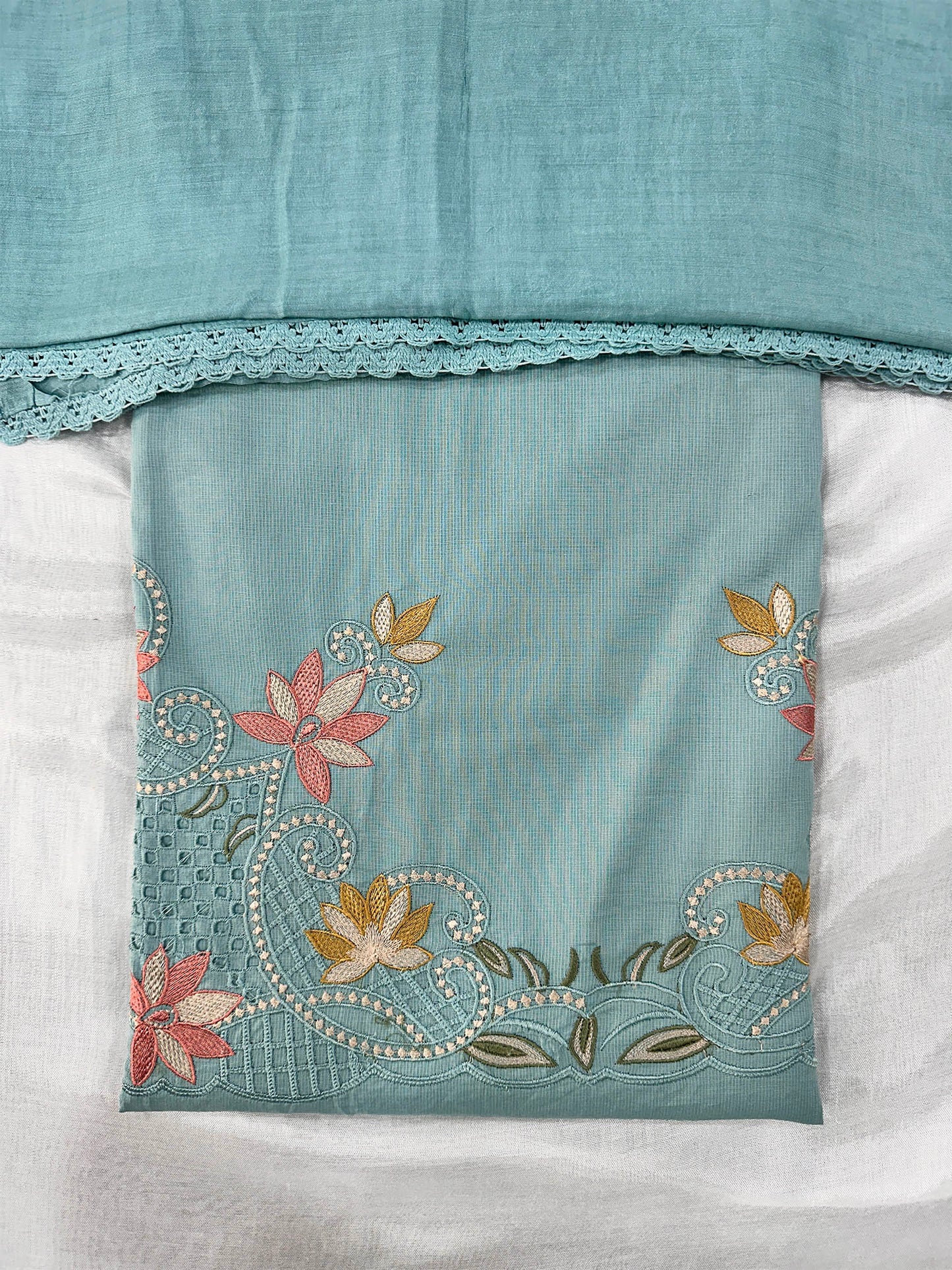 Giza Cotton Unstitched Suit Set Cutwork Embroidery & Muslin Dupatta