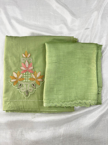 Giza Cotton Unstitched Suit Set with Machine Embroidery & Muslin Dupatta