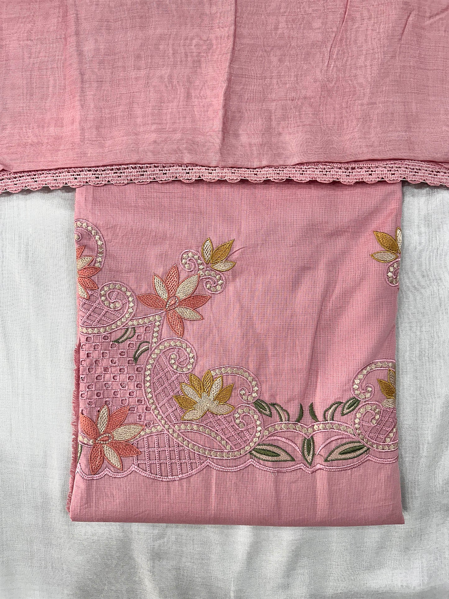 Giza Cotton Unstitched Suit Set Cutwork Embroidery & Muslin Dupatta