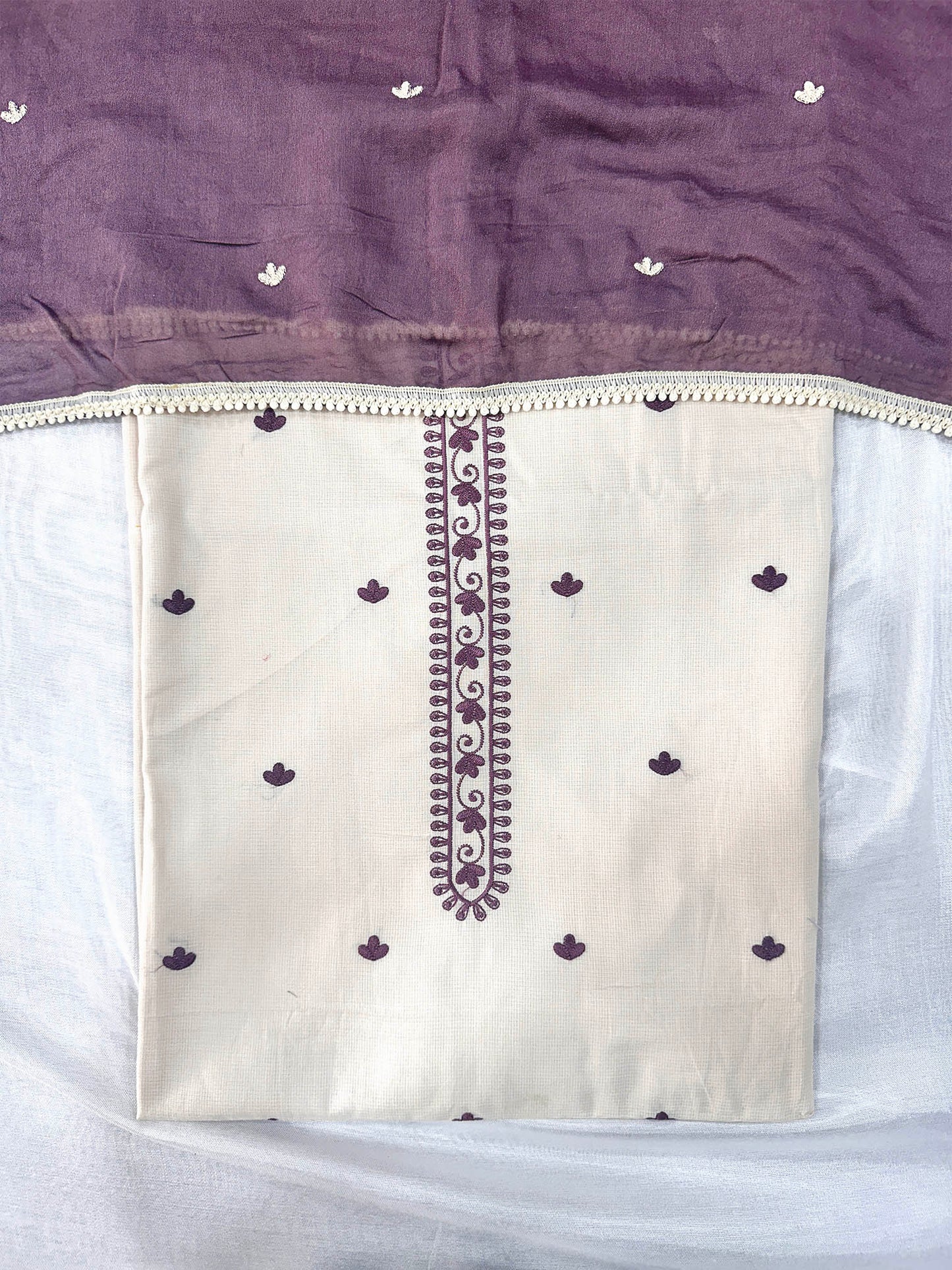 Giza Cotton Unstitched Suit Set with Machine Embroidery & Muslin Dupatta