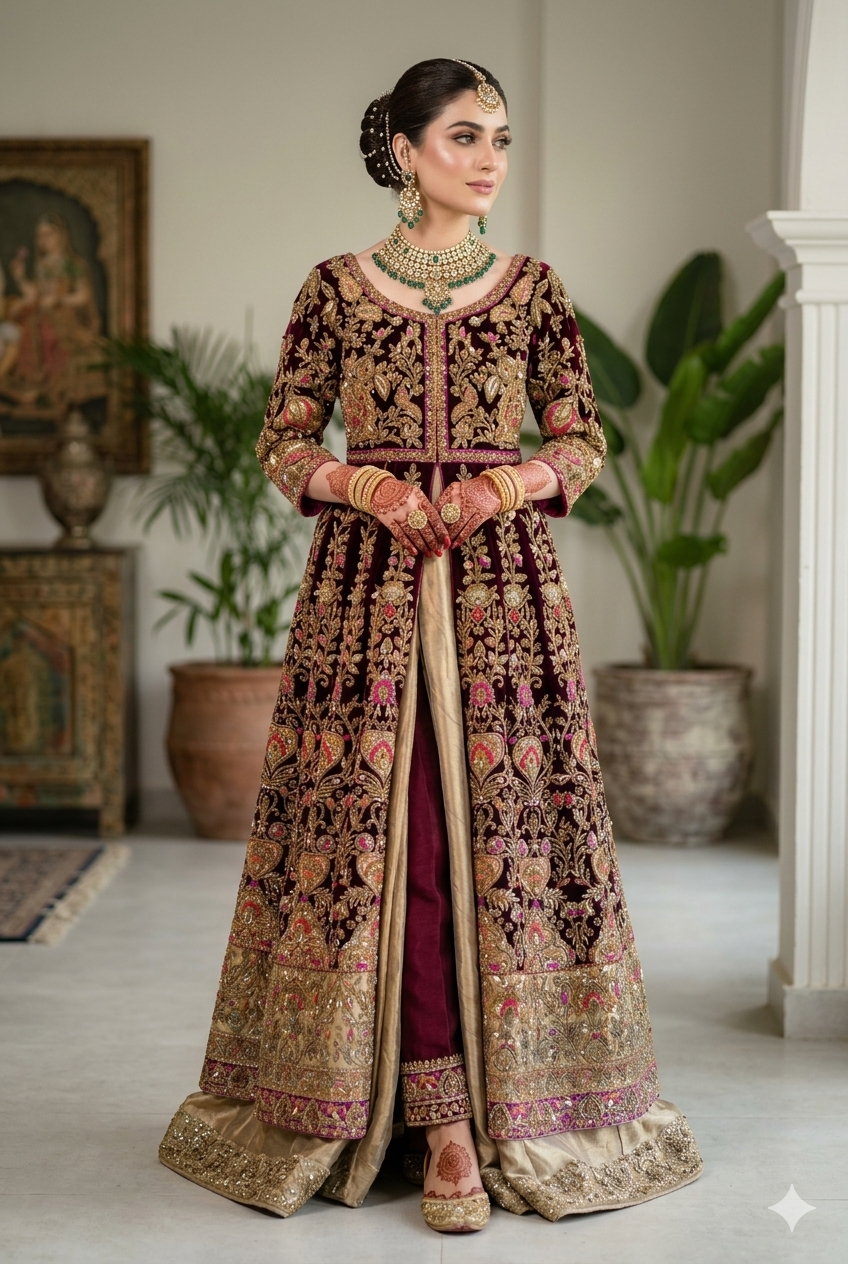 Heavy Embroidered Velvet Jacket Anarkali Suit Set – Deep Wine & Gold