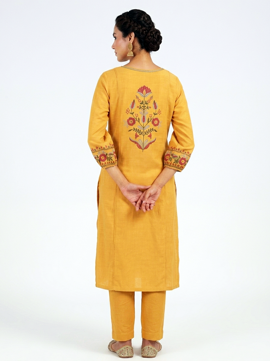 Embroidered Back Straight Pant Suit – Mustard Yellow