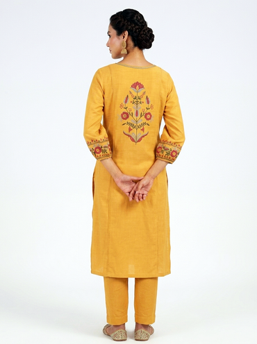 Embroidered Back Straight Pant Suit – Mustard Yellow