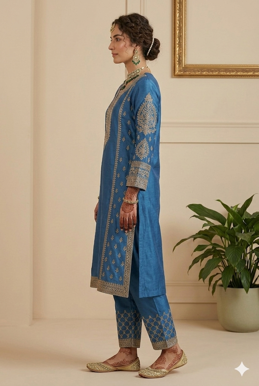 Elegant Traditional Booti Work Straight Suit Set - Powder Blue