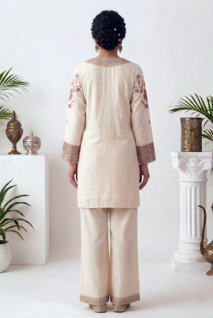 Floral Embroidered Khadi Cotton Suit Set – Cream