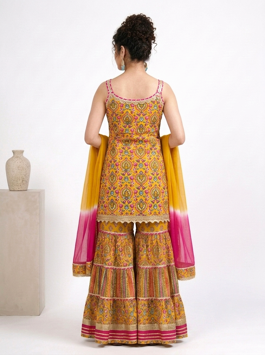 Embroidered Floral Sharara Suit Set with Ombre Dupatta – Peacock Blue & Mustard Yellow