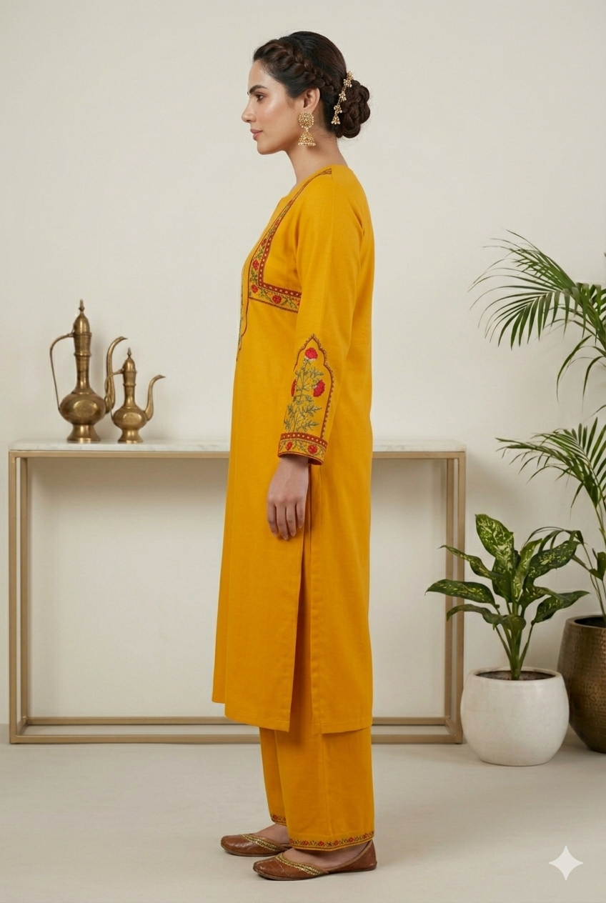 Kashmiri Floral Embroidered Kurta Palazzo Set Mustard Yellow