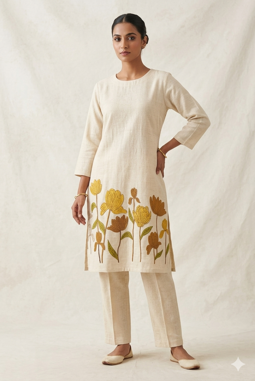 Khadi Kurta Set with Mustard Floral Hemline Art