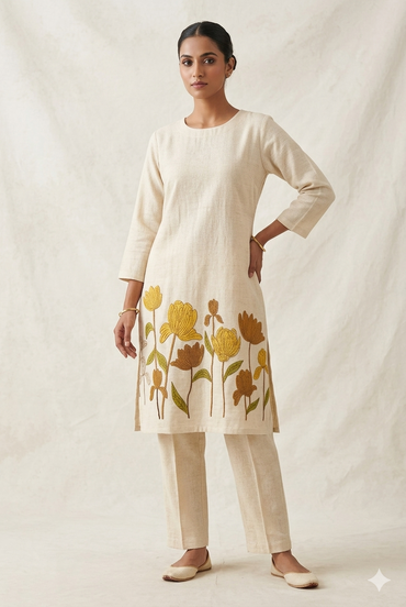Khadi Kurta Set with Mustard Floral Hemline Art