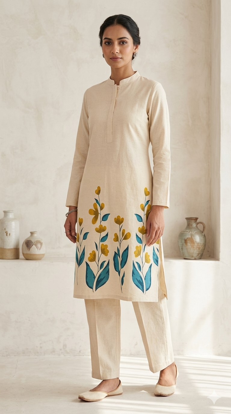 Cream Kurta Set with Teal & Yellow Floral Hemline