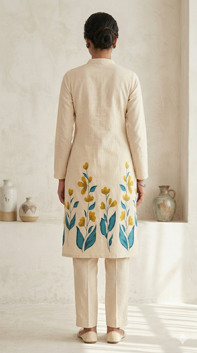 Cream Kurta Set with Teal & Yellow Floral Hemline