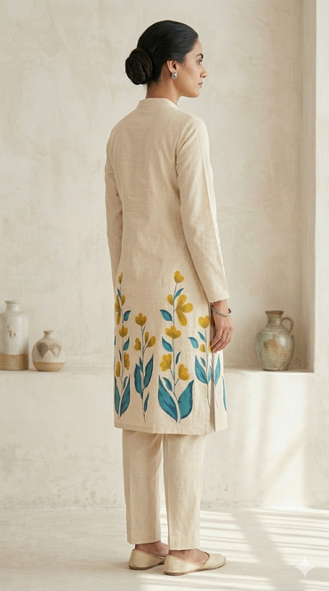 Cream Kurta Set with Teal & Yellow Floral Hemline