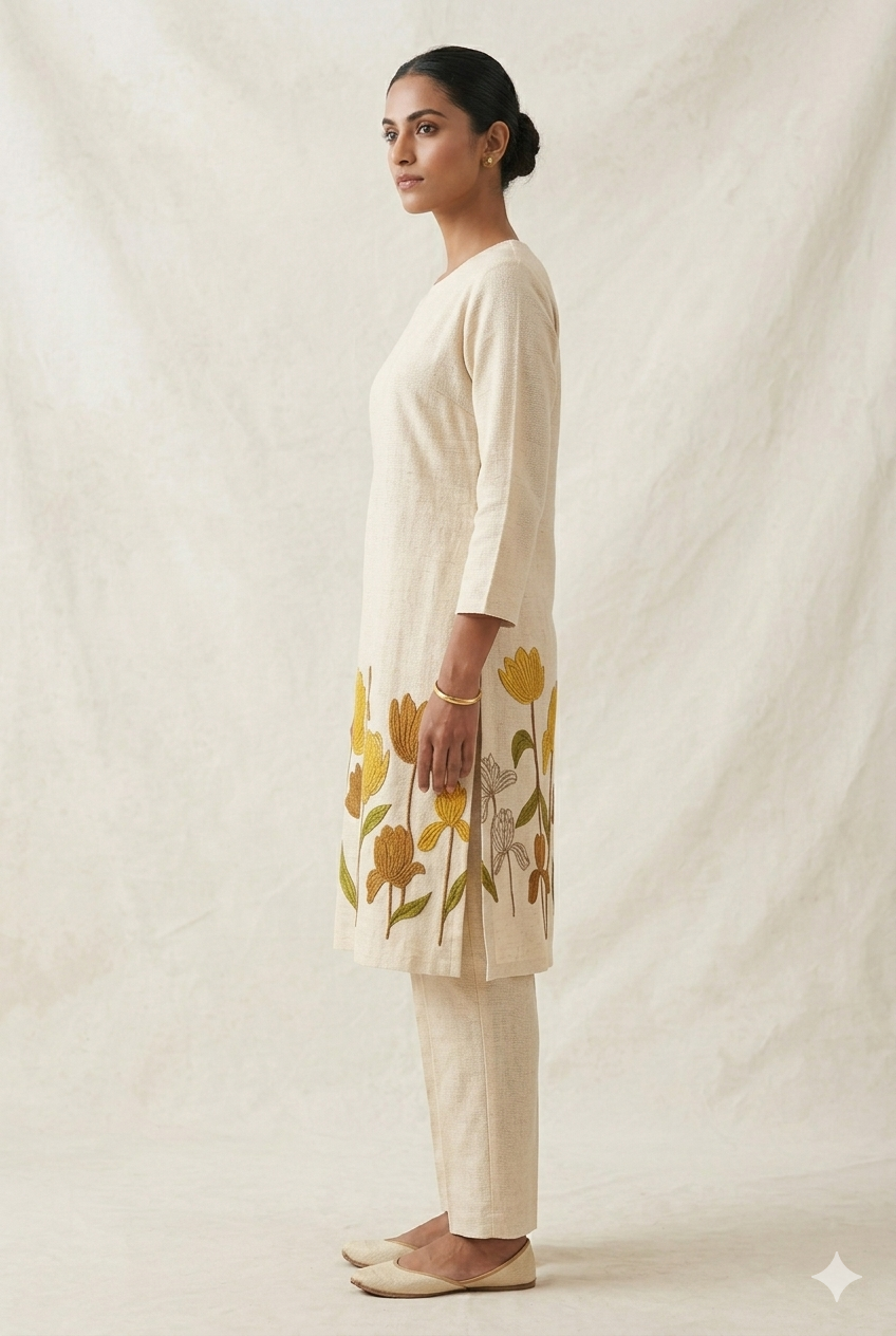 Khadi Kurta Set with Mustard Floral Hemline Art
