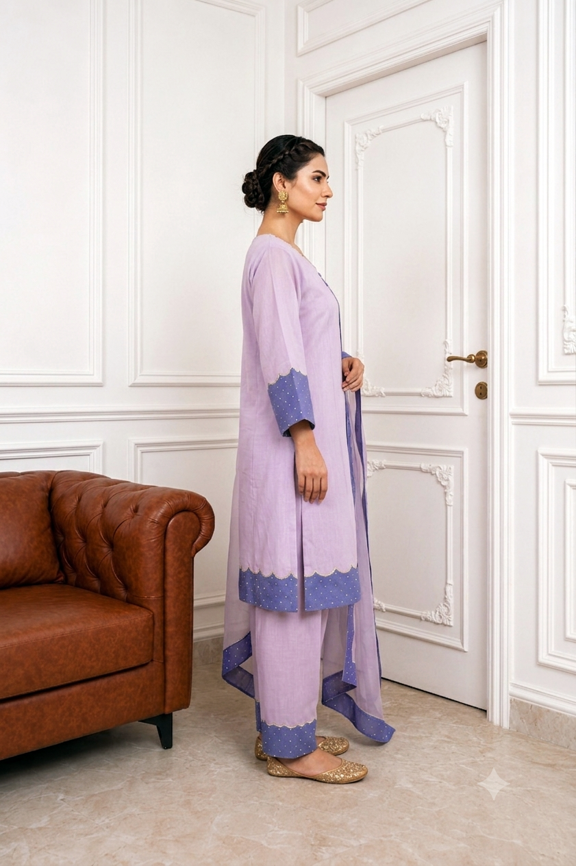 Pastel Straight Pant Suit with Scalloped Dupatta – Lilac & Purple