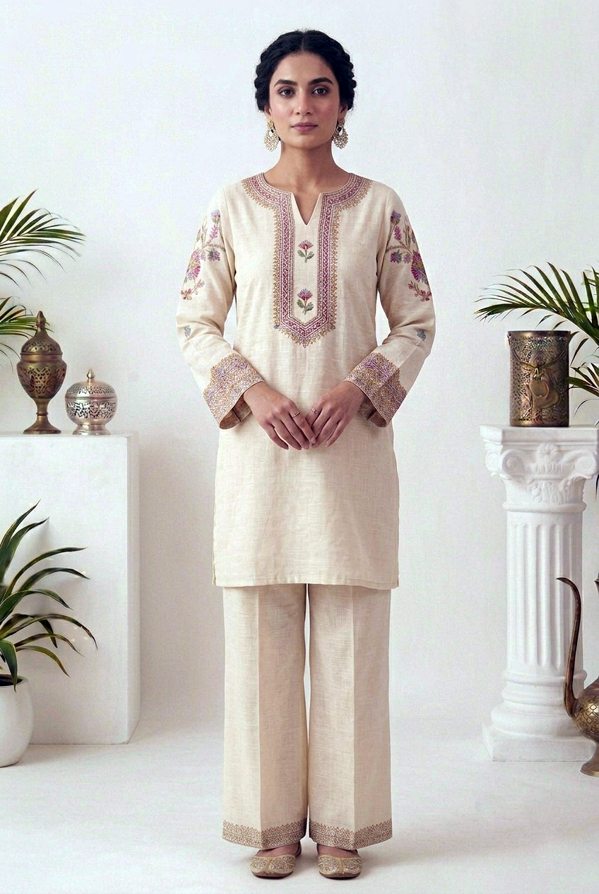 Floral Embroidered Khadi Cotton Suit Set – Cream