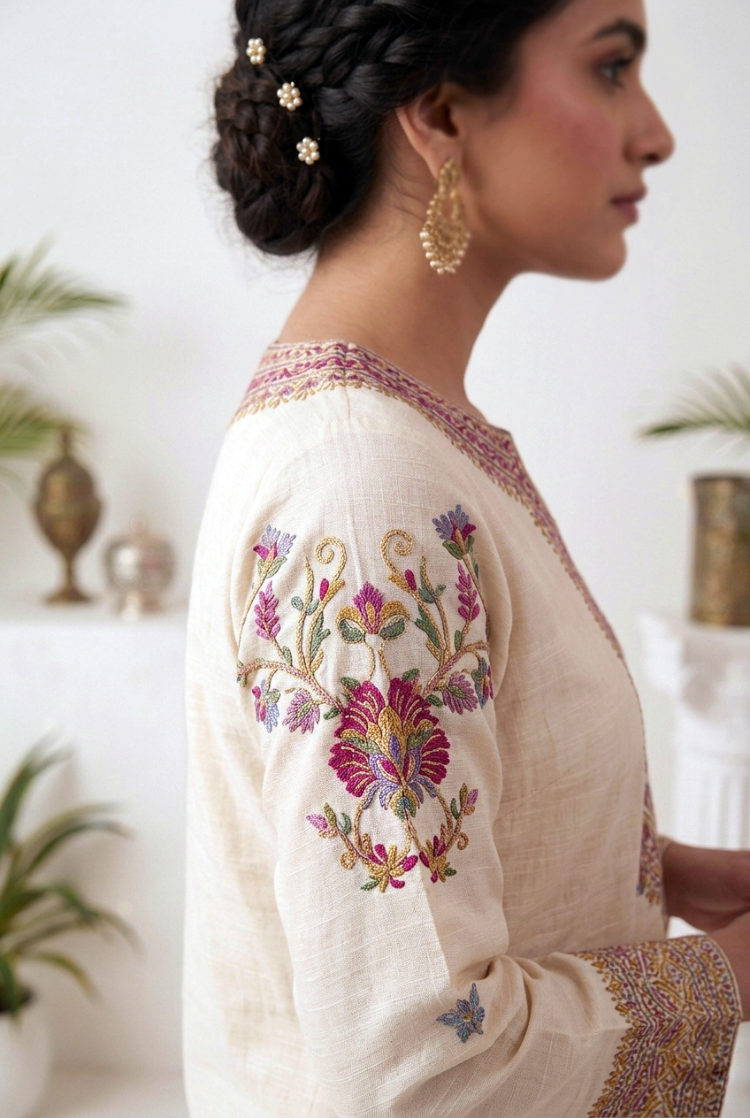 Floral Embroidered Khadi Cotton Suit Set – Cream