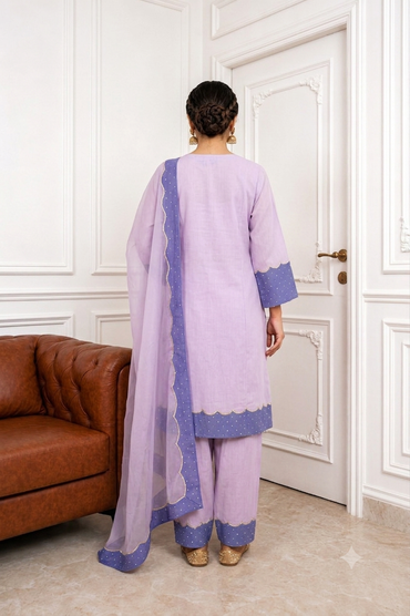 Pastel Straight Pant Suit with Scalloped Dupatta – Lilac & Purple