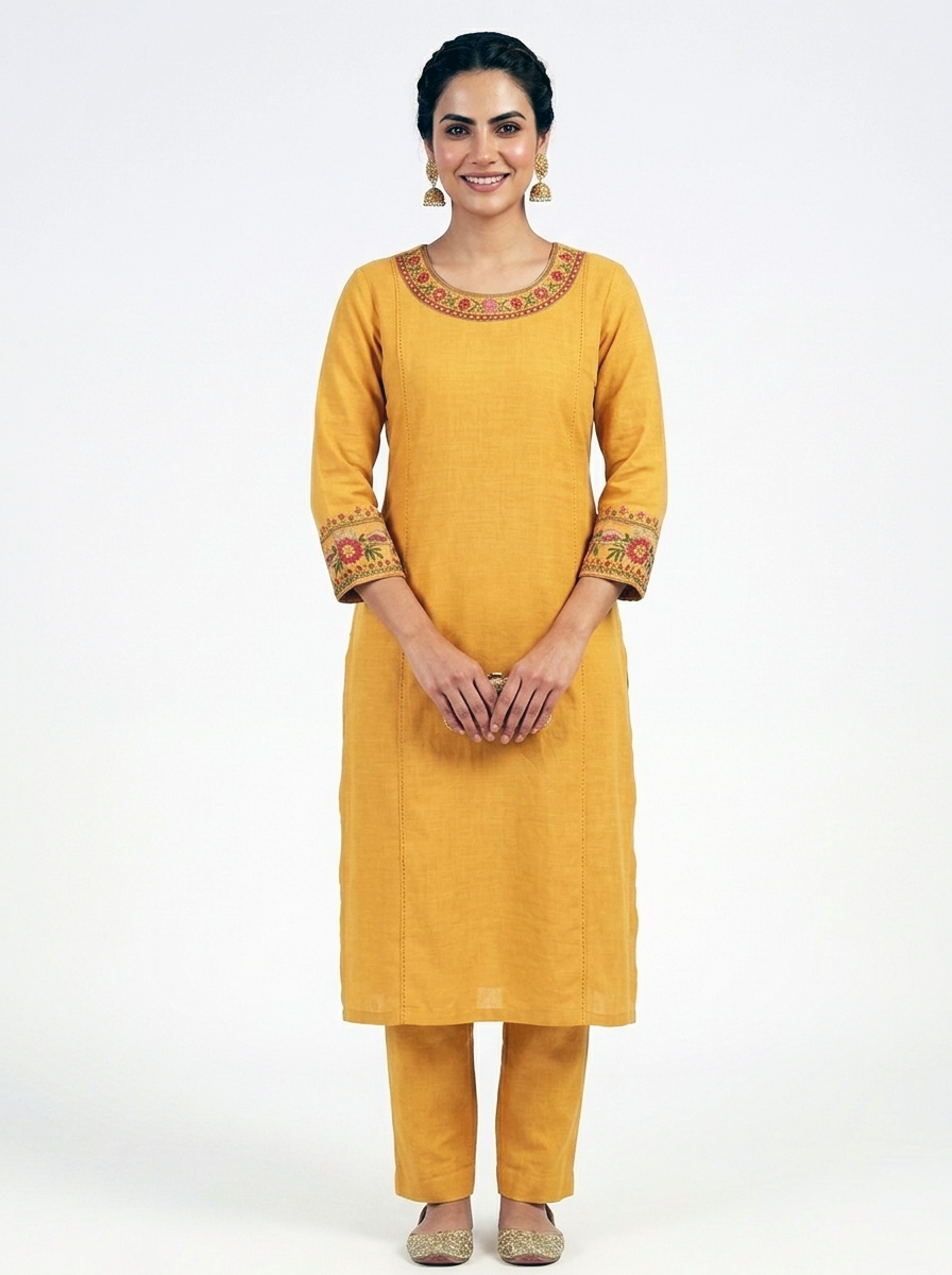 Embroidered Back Straight Pant Suit – Mustard Yellow