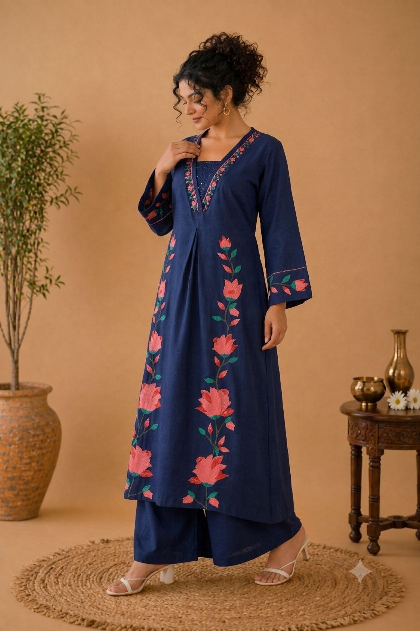 Premium Floral Hand painted art Cotton Palazzo Suit