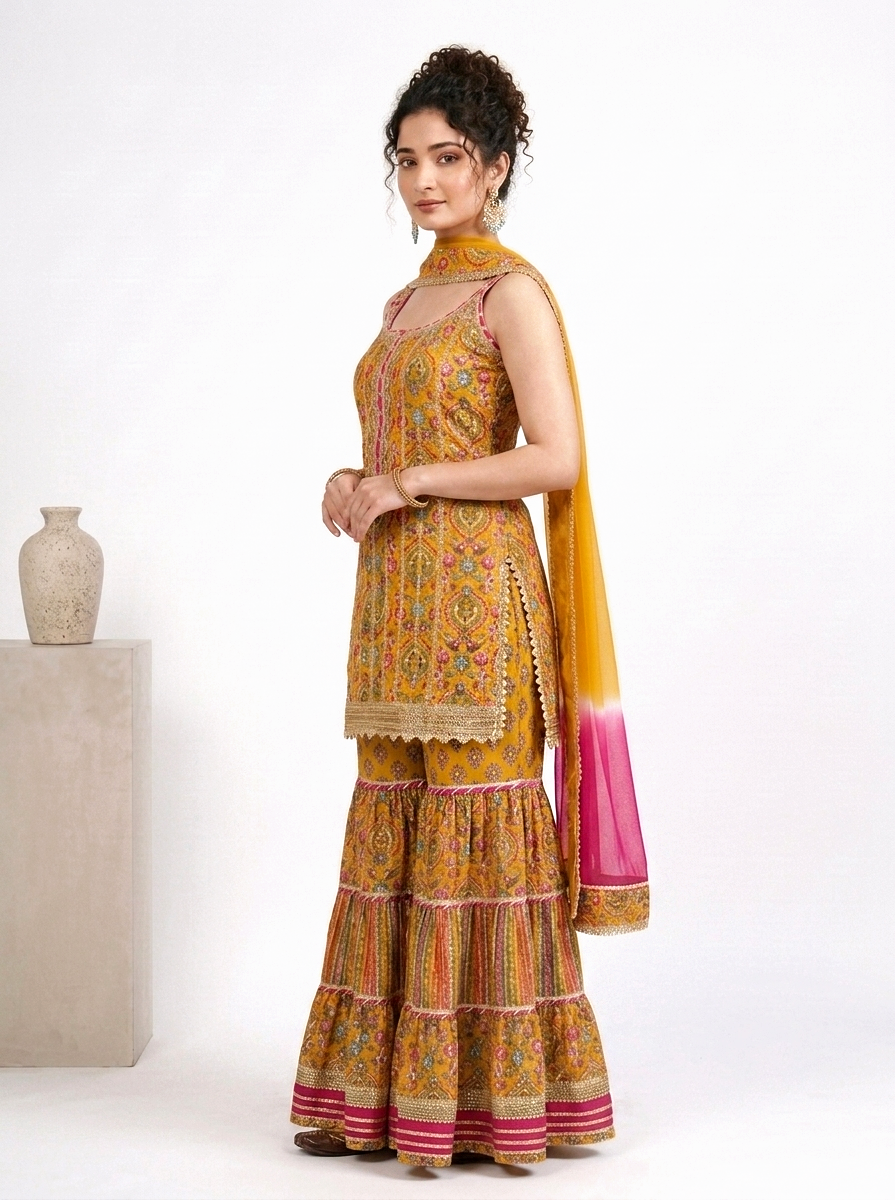 Embroidered Floral Sharara Suit Set with Ombre Dupatta – Peacock Blue & Mustard Yellow
