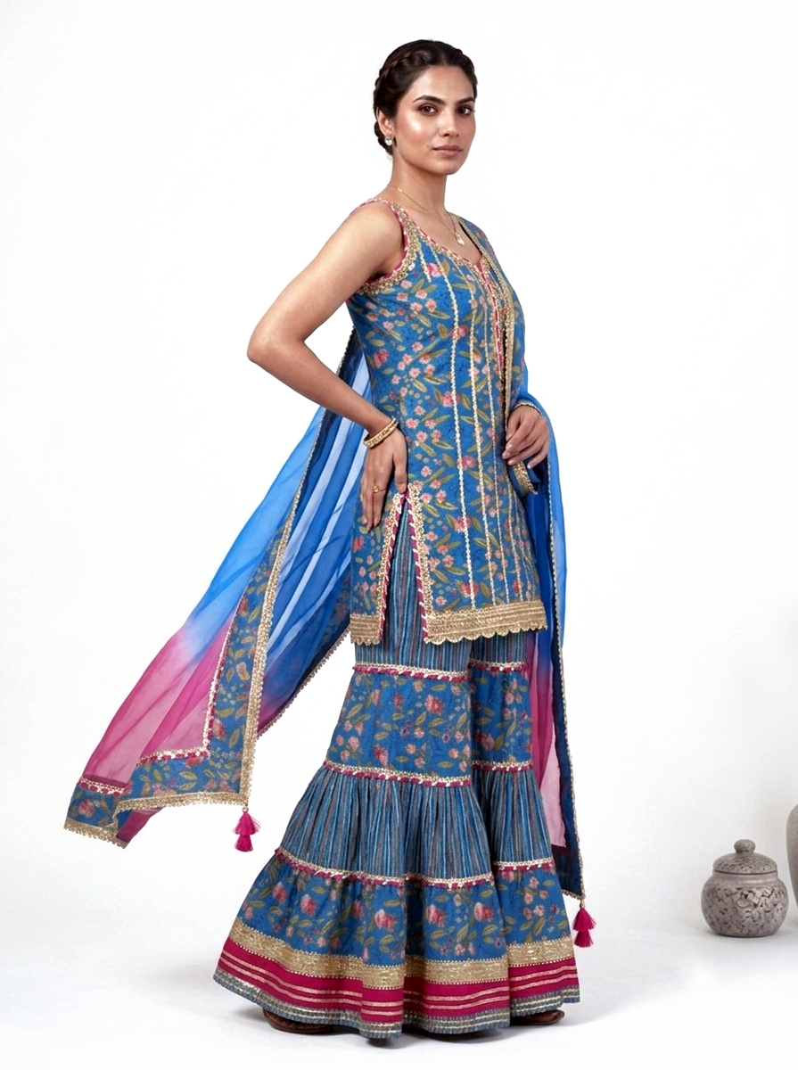 Embroidered Floral Sharara Suit Set with Ombre Dupatta – Peacock Blue & Mustard Yellow