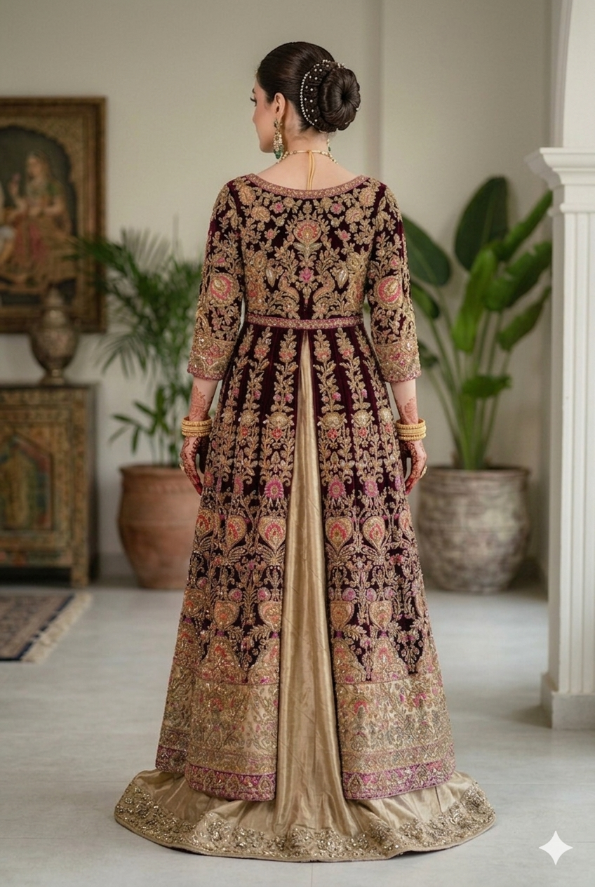 Heavy Embroidered Velvet Jacket Anarkali Suit Set – Deep Wine & Gold