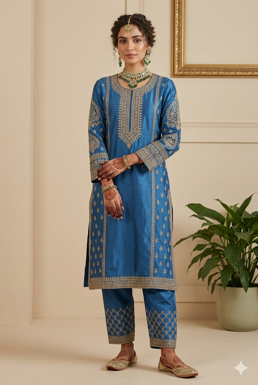 Elegant Traditional Booti Work Straight Suit Set - Powder Blue