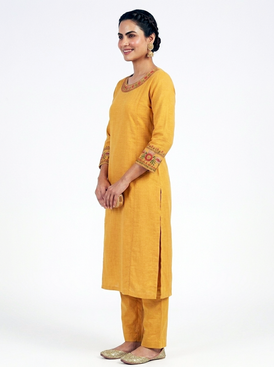Embroidered Back Straight Pant Suit – Mustard Yellow