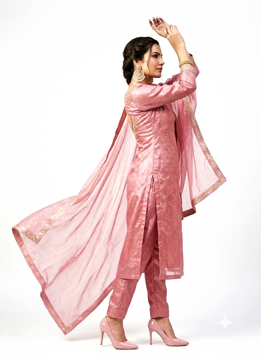Hand-Embroidered Straight Pant Suit with Scallop Dupatta – Rose Pink