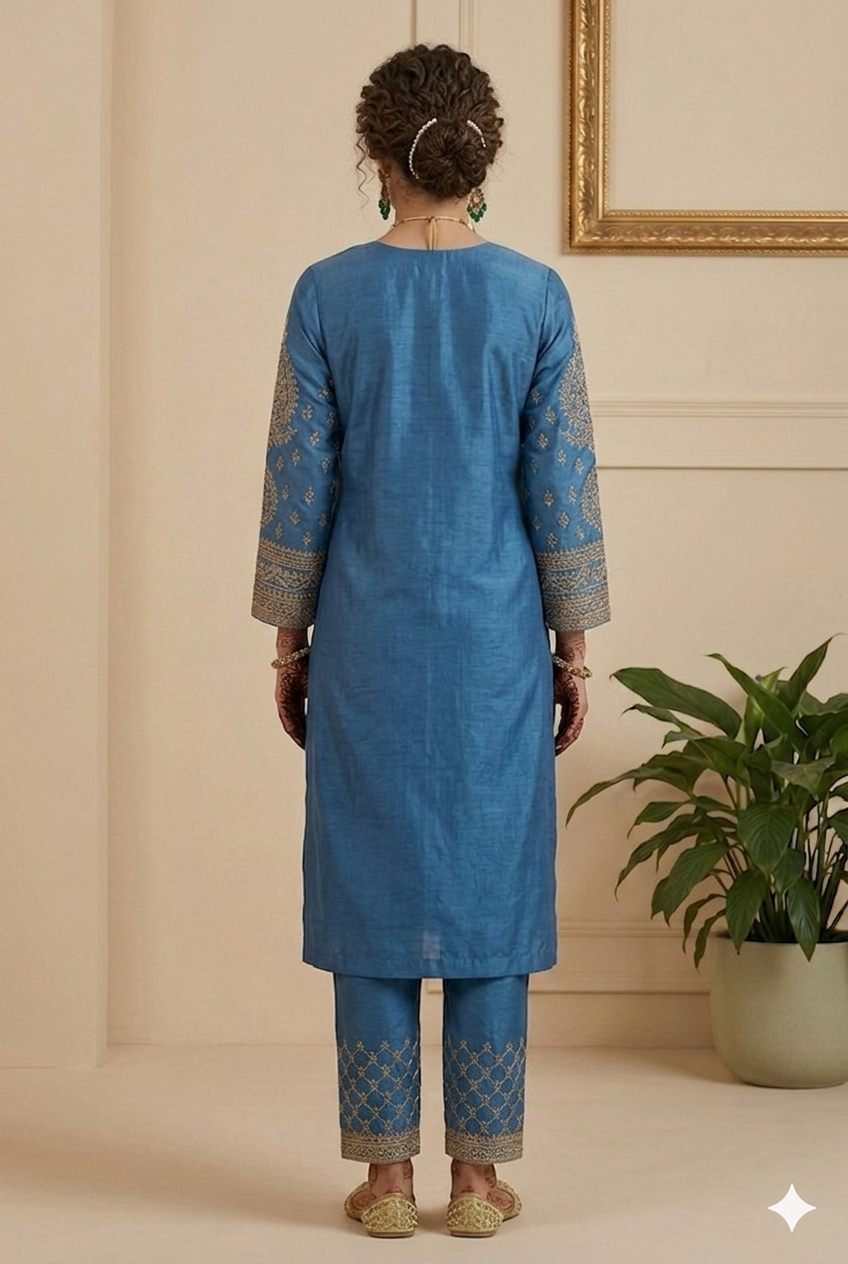 Elegant Traditional Booti Work Straight Suit Set - Powder Blue