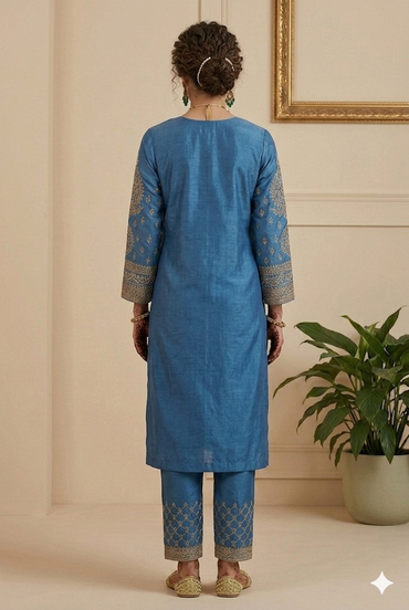 Elegant Traditional Booti Work Straight Suit Set - Powder Blue