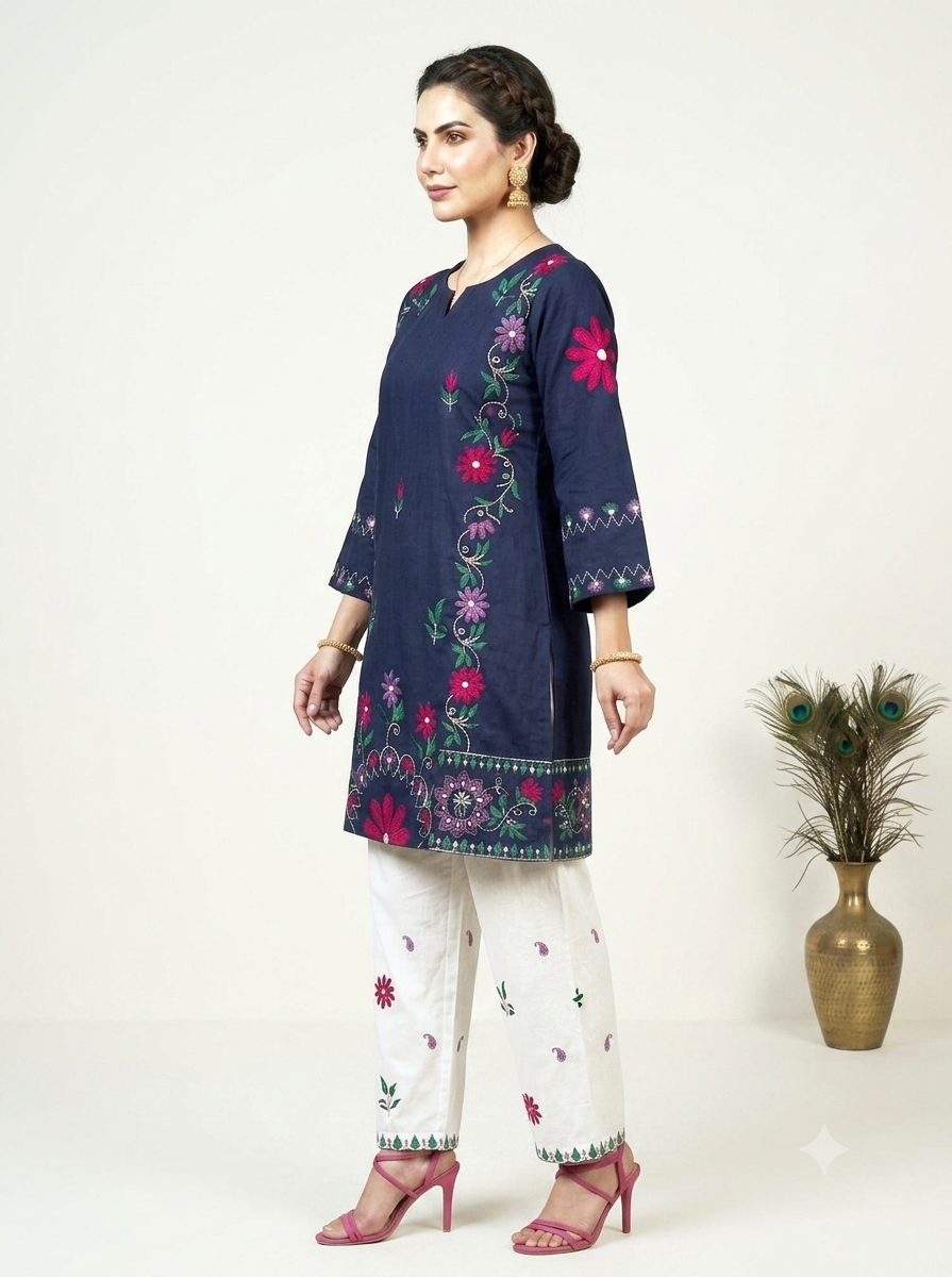 A-Line Embroidered Short Kurti Set – Navy Blue & Off-White
