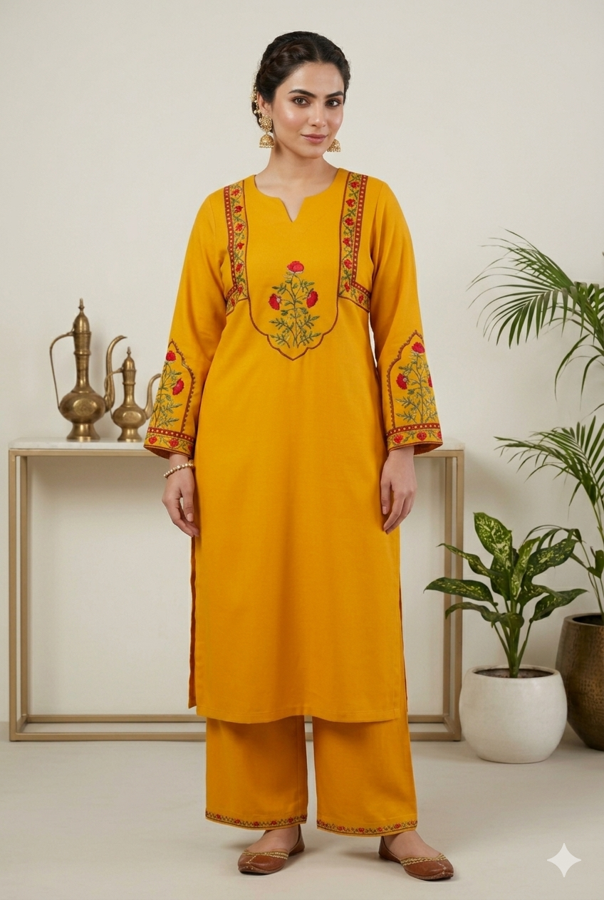 Kashmiri Floral Embroidered Kurta Palazzo Set Mustard Yellow