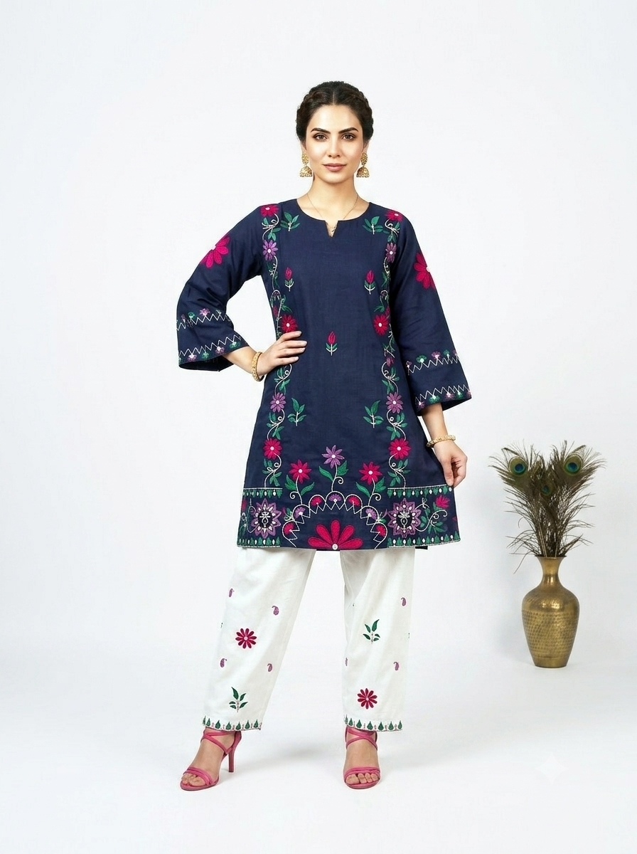 A-Line Embroidered Short Kurti Set – Navy Blue & Off-White
