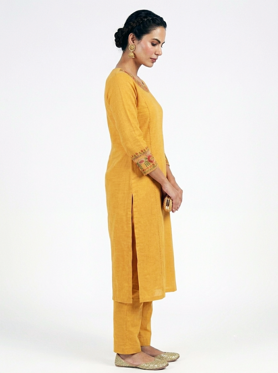 Embroidered Back Straight Pant Suit – Mustard Yellow