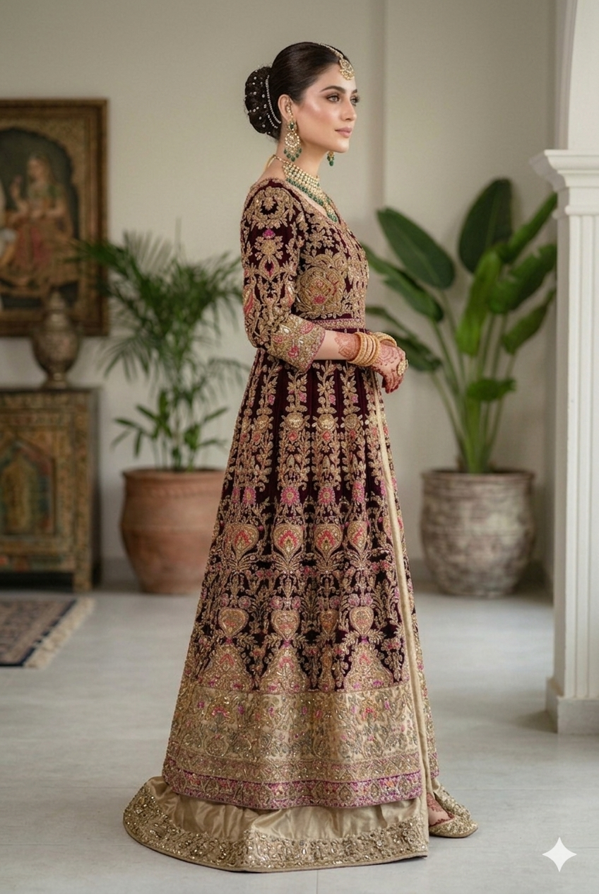 Heavy Embroidered Velvet Jacket Anarkali Suit Set – Deep Wine & Gold