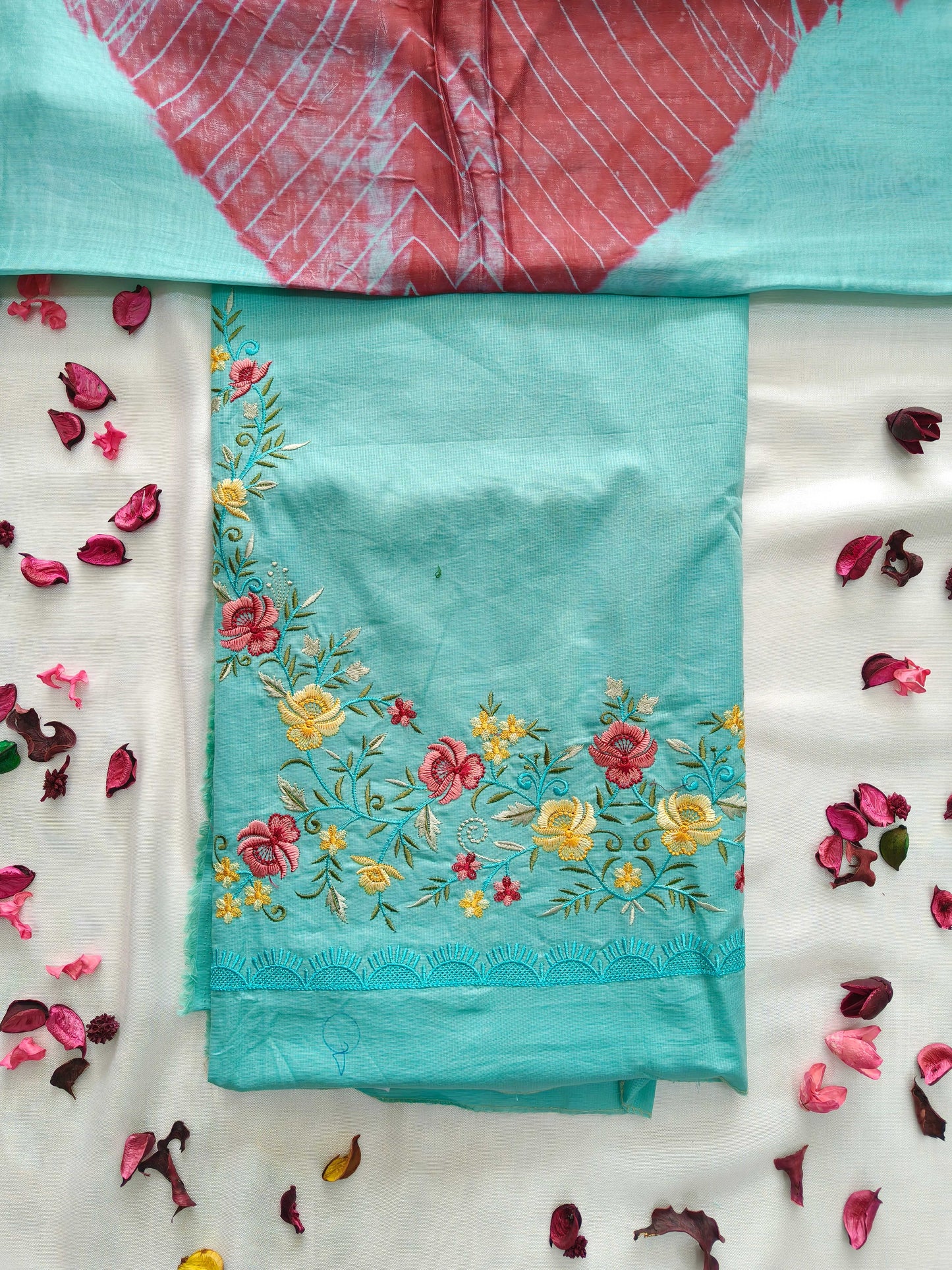 Giza Cotton Unstitched Suit Set – Floral Embroidery & Tie-Dye Kota Doria Dupatta