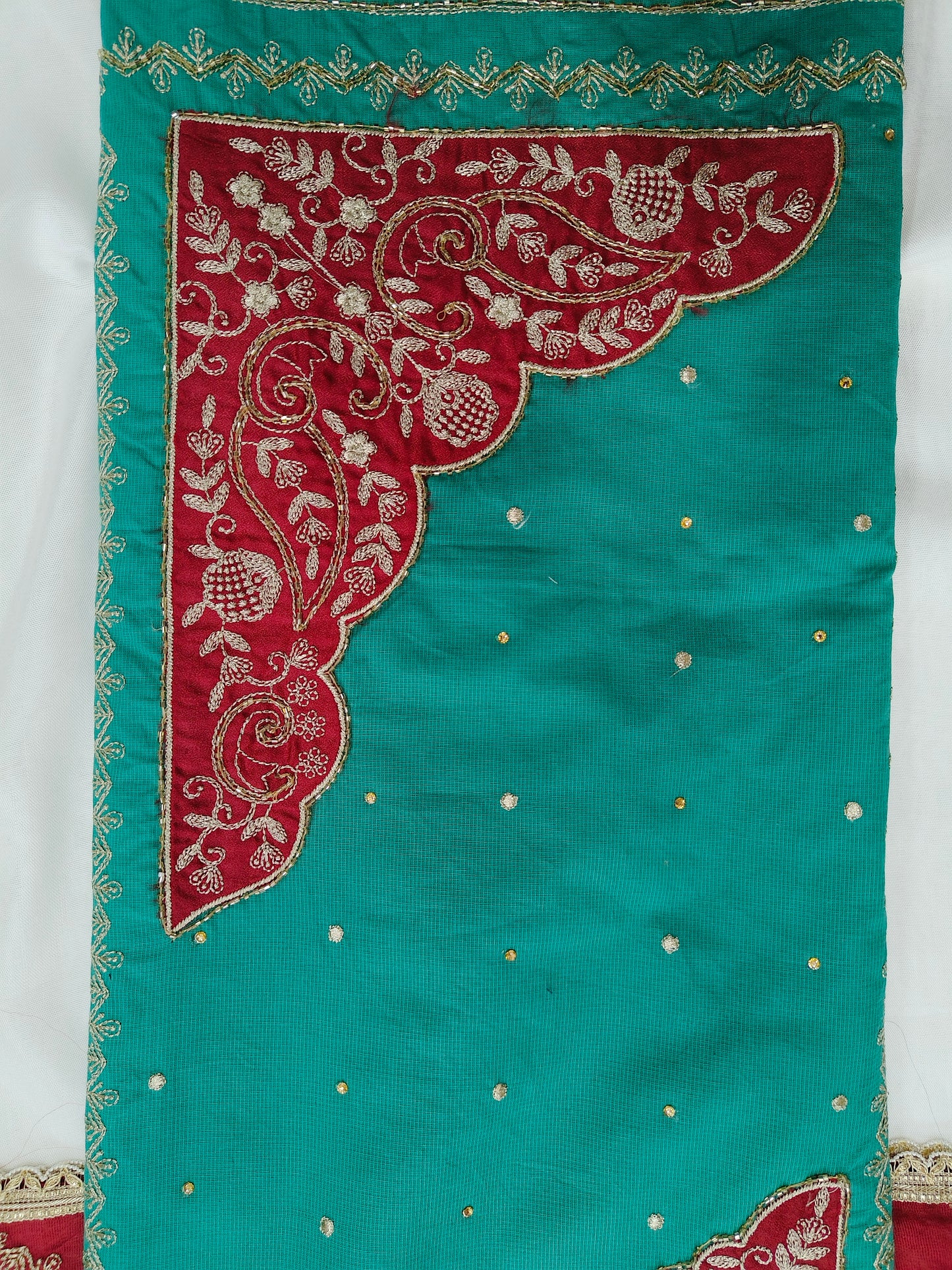 Giza Cotton Embroidered Suit Set with Kota Doria Dupatta – Teal & Red