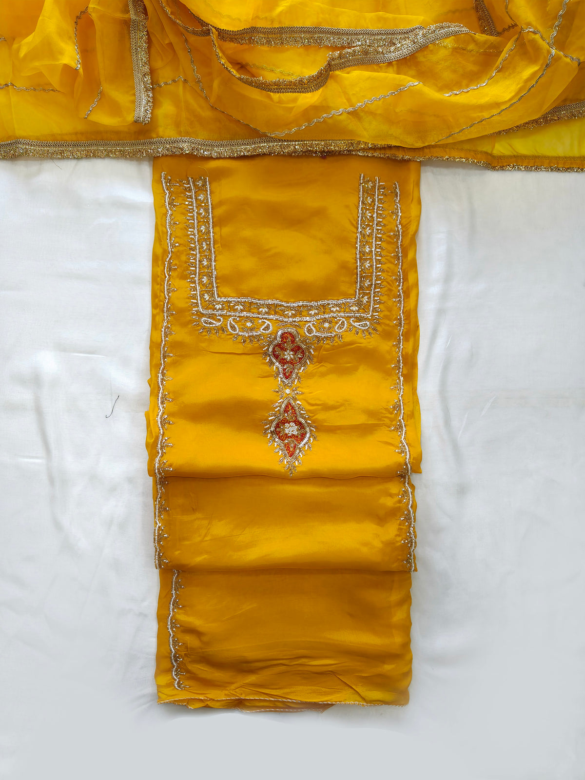 Crepe Handwork Unstitched Suit Set with organza Dupatta
