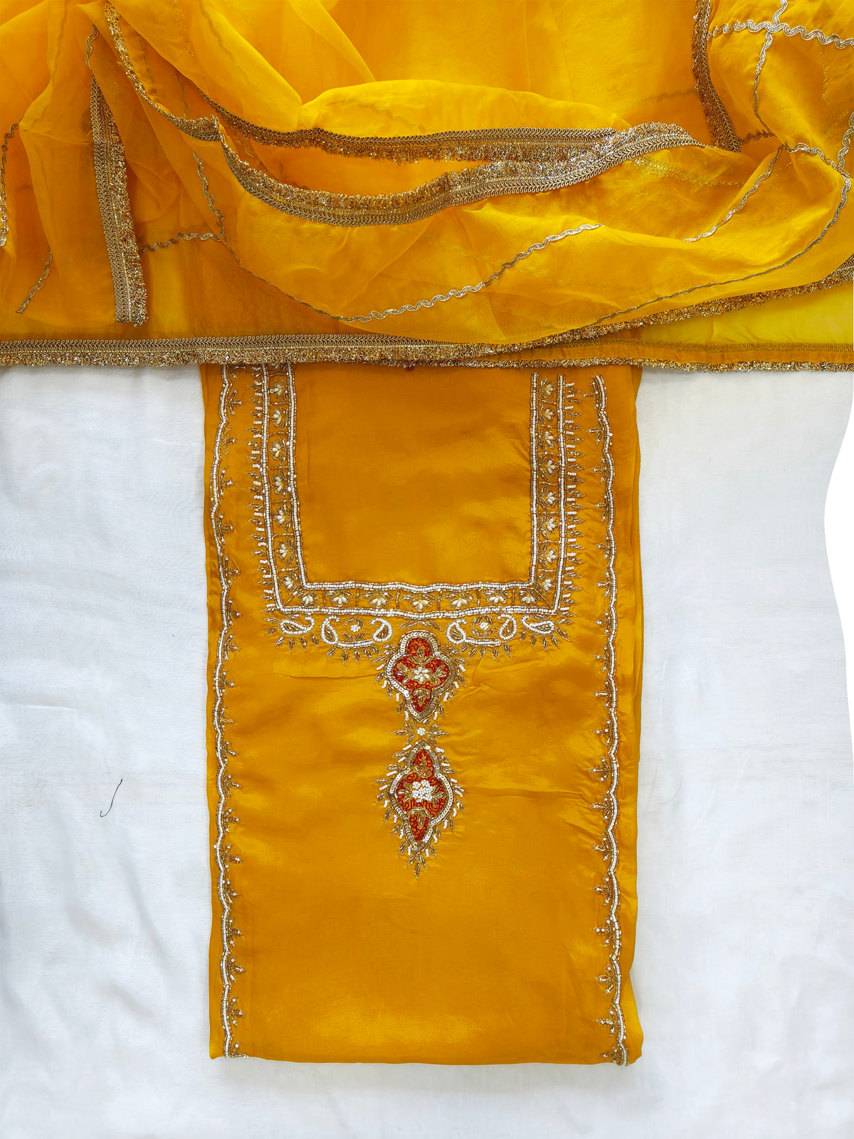 Crepe Handwork Unstitched Suit Set with organza Dupatta