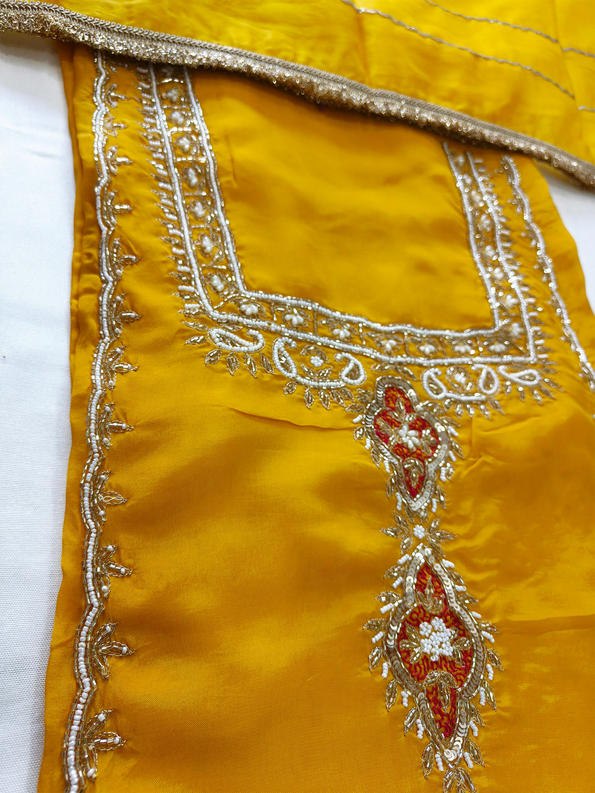 Crepe Handwork Unstitched Suit Set with organza Dupatta