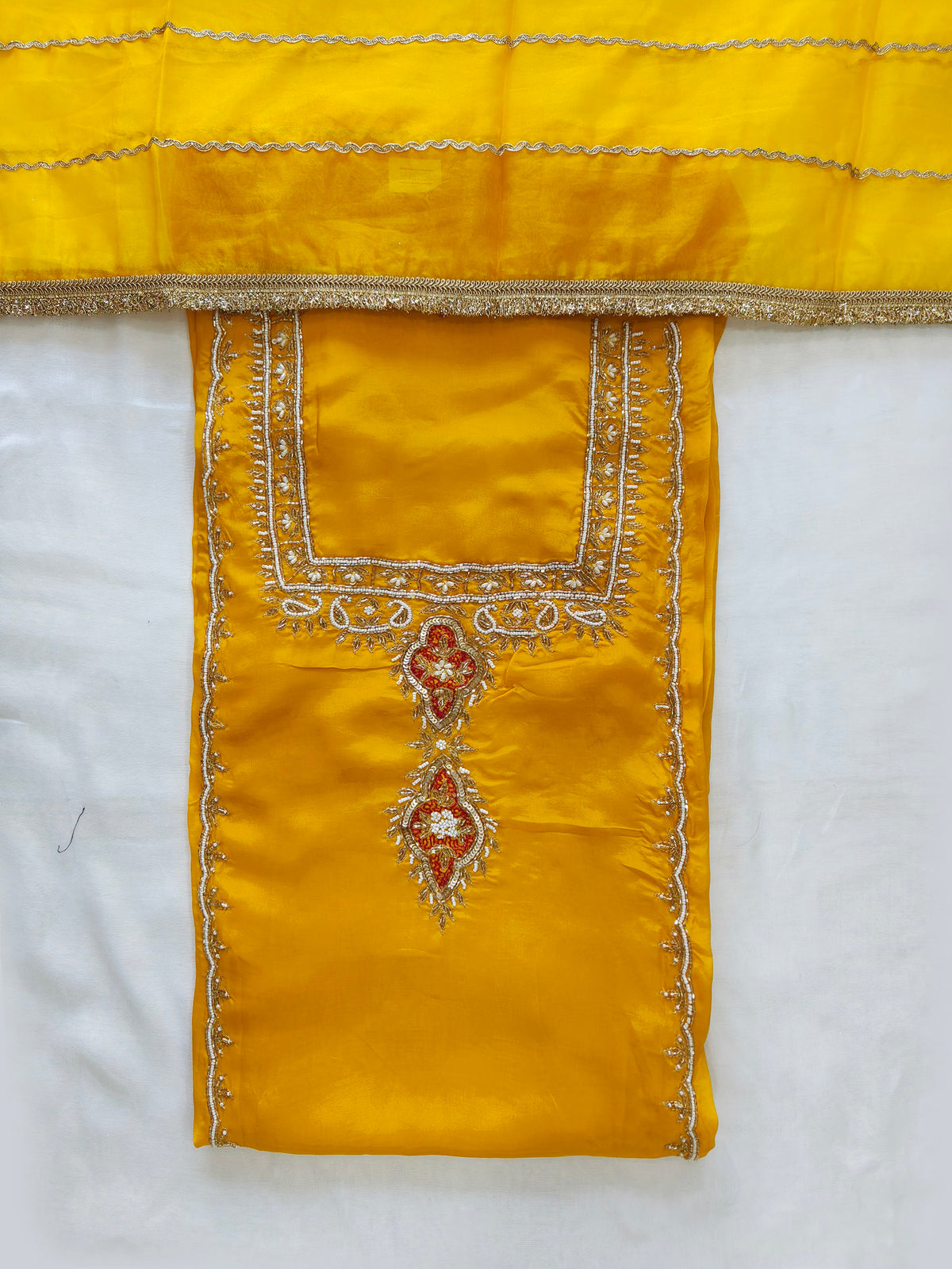 Crepe Handwork Unstitched Suit Set with organza Dupatta